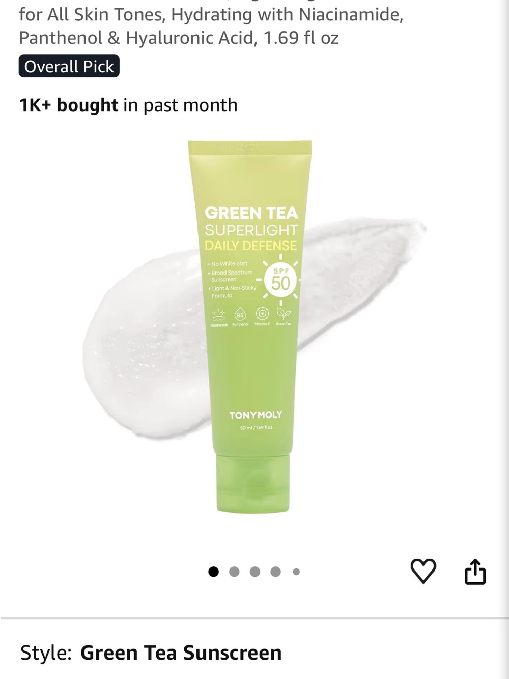 TONYMOLY Green Tea Superlight Daily Defense SPF 50 - Highly Rated Korean